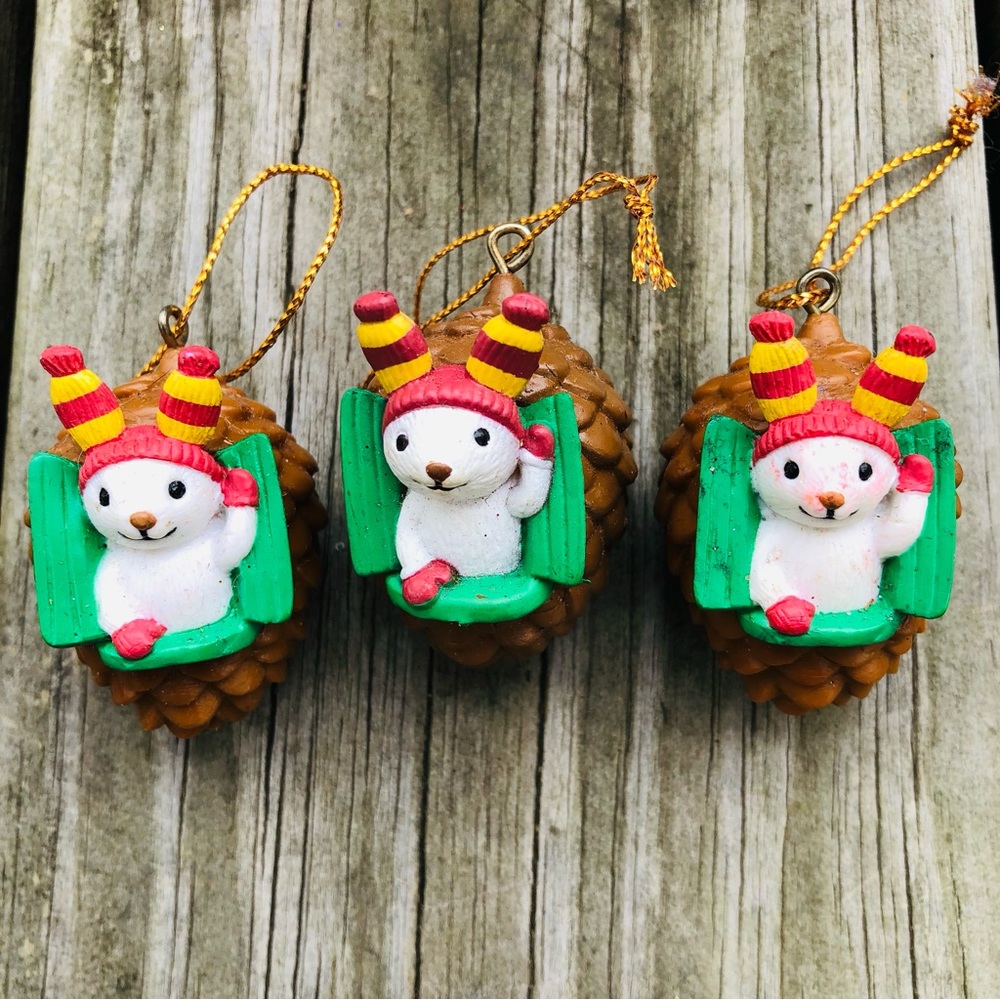 3 Avon Christmas Ornaments CUTIE Bunny on a Pine Cone / Gift Collection